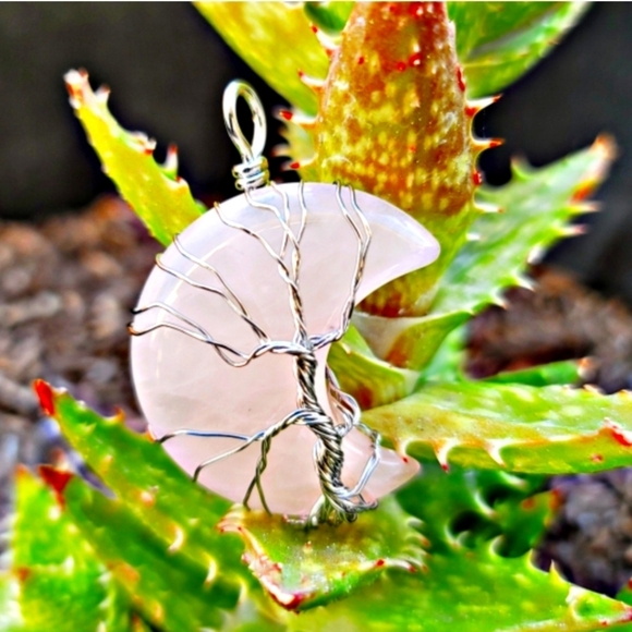 Rose Quartz ✦ Moon Crystal Necklace ✦ Wire‑Wrapped Tree of Life Pendant NWT - Picture 1 of 14